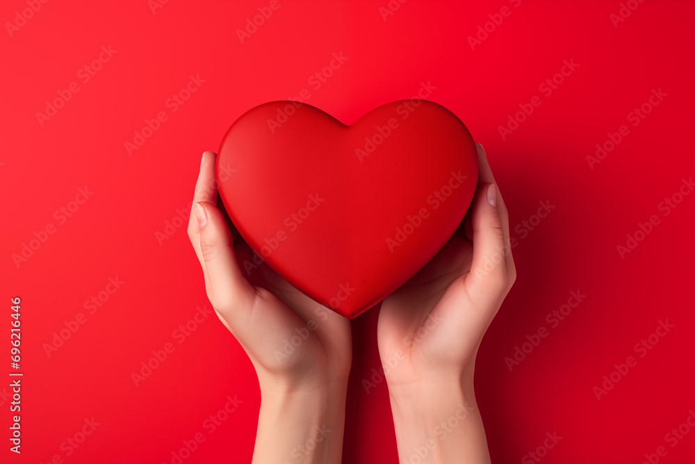 Close up on female hands holding a gift in a pink heart presents for valentine day, birthday, mother's day. Flat lay. Symbol of love. Valentines day background with a gift box
