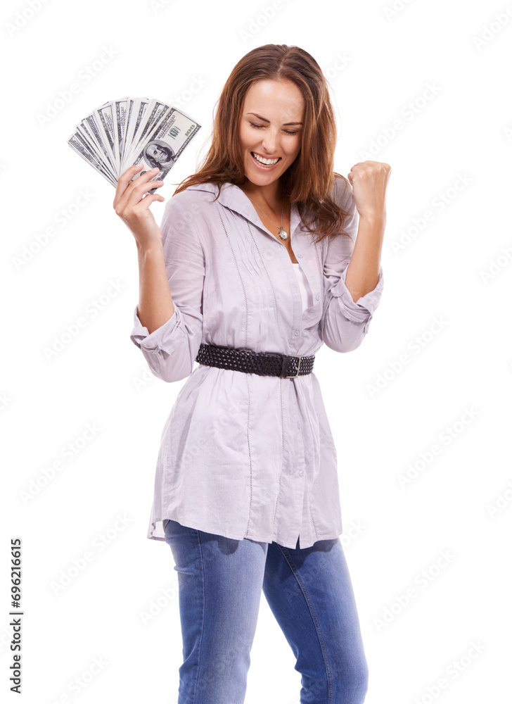 Woman, dollars or celebrate money fan in studio for wealthy deal, giveaway or lottery prize on white background. Excited winner, fist and bonus of profit, income or cash investment, savings or reward Woman, dollars or celebrate money fan in studio for wealthy deal, giveaway or lottery prize on white background. Excited winner, fist and bonus of profit, income or cash investment, savings or reward