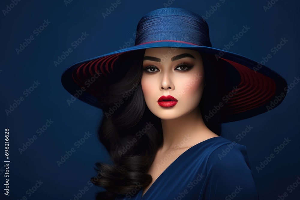 Stylish Female Model Showcasing a Trendy Blue Hat A fictional character created by Generated AI. Stylish Female Model Showcasing a Trendy Blue Hat A fictional character created by Generated AI.