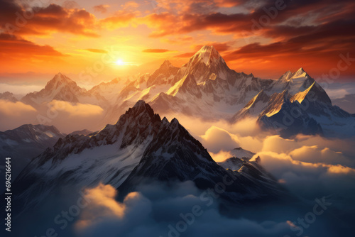 A mountaintop sunrise, with the first golden rays peeking over snow © wai
