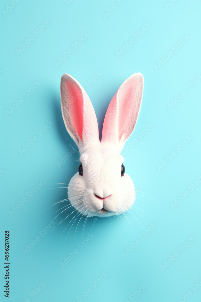 A white rabbit with pink ears on blue.