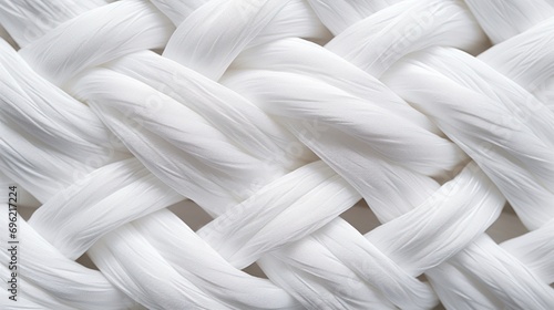 Close-up of white cotton fabric interlaced fiber macro, white synthetic cotton threads background, macro photography of white synthetic material, photo
