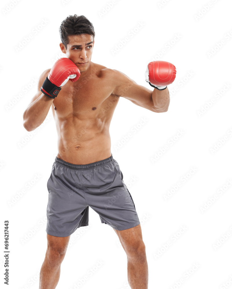 Boxer, man and shirtless in studio with sports for fitness, health and martial arts isolated on white background. Strong athlete with muscle, abs and boxing gloves, MMA training and exercise Boxer, man and shirtless in studio with sports for fitness, health and martial arts isolated on white background. Strong athlete with muscle, abs and boxing gloves, MMA training and exercise