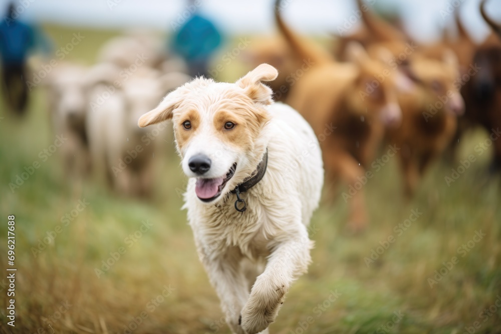 a dog herding goats and sheep together a dog herding goats and sheep together