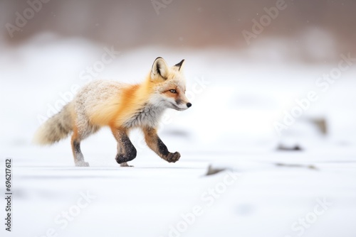 red fox walking in a fresh snowfield