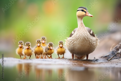 mother duck with ducklings in line behind