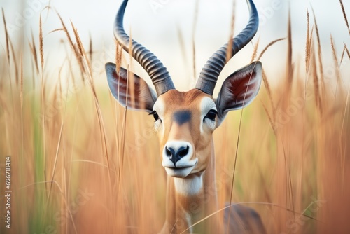 solo impala with spiral horns amid tall grass photo