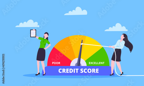Woman pulls credit score arrow gauge speedometer indicator with color levels.