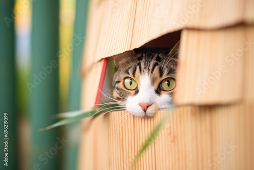 tabby feline peeking from a cardboard flap photo