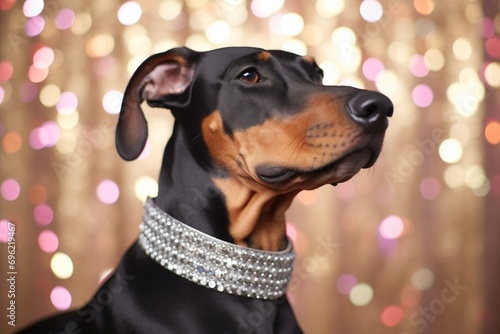 doberman in a bedazzled collar against a glitter background
