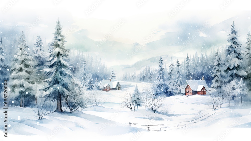 Fototapeta premium A scenic winter landscape with snow-covered houses and trees