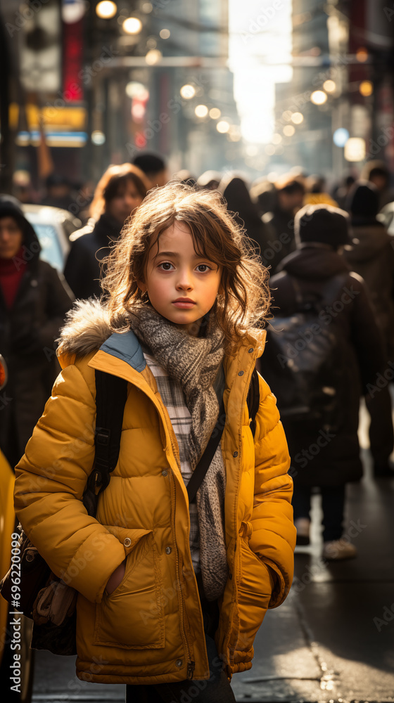 At noon, a little girl is walking on the street, with a taxi parked next to them. The person is wearing a down jacket and has a calm expression on their face. The street is bustling with people At noon, a little girl is walking on the street, with a taxi parked next to them. The person is wearing a down jacket and has a calm expression on their face. The street is bustling with people