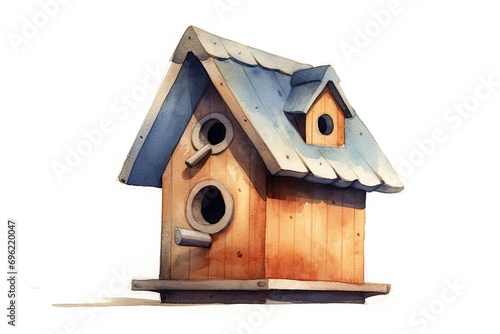 A charming wooden birdhouse with a pointy roof