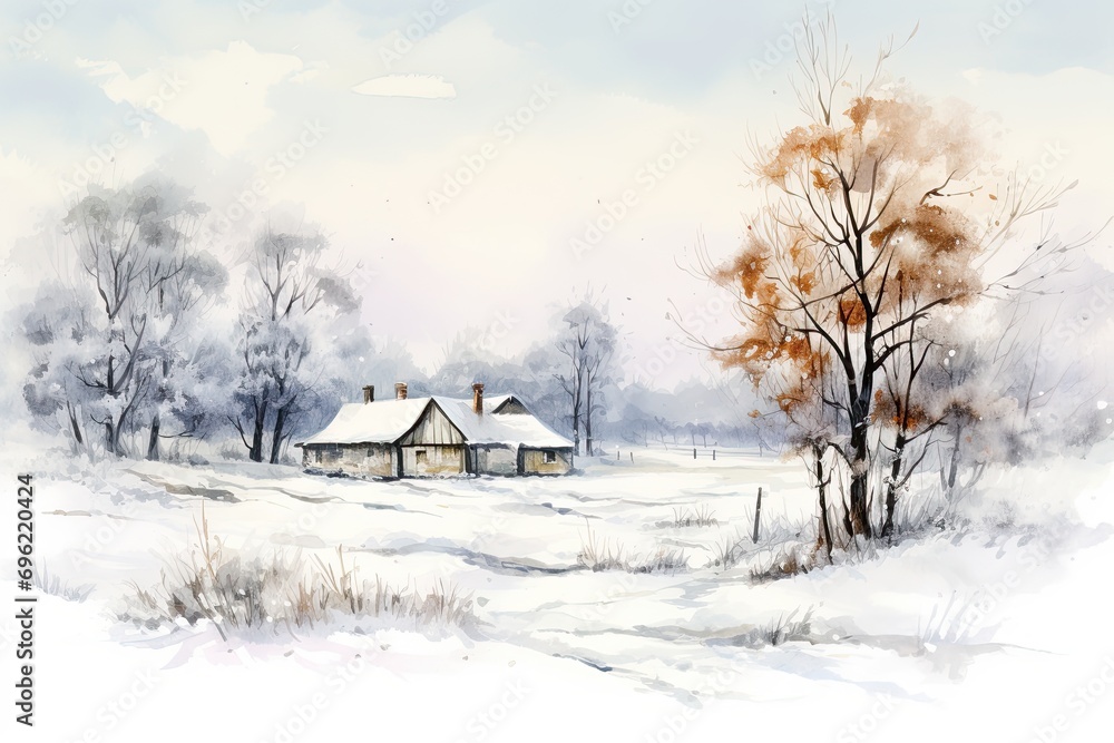 A peaceful country homestead surrounded by snow A peaceful country homestead surrounded by snow
