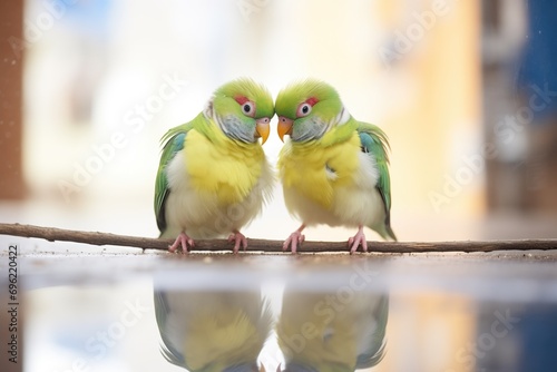 parakeets mirror reflection in soft focus