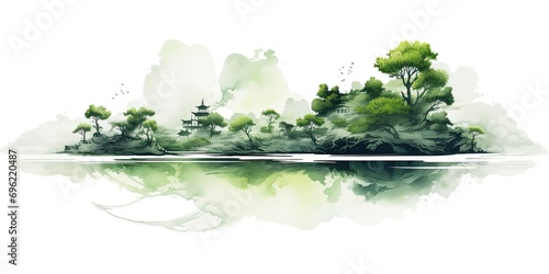 A serene landscape featuring a lush green forest and a still lake, with pagodas in the misty background. photo