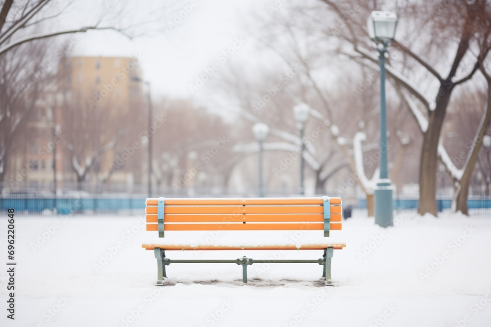 snowy bench in an empty park