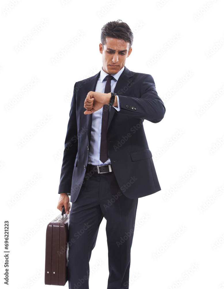 Business man, check watch and time management with briefcase for job isolated on white background. Corporate employee with wristwatch, salesman late with delay in schedule or appointment in a studio Business man, check watch and time management with briefcase for job isolated on white background. Corporate employee with wristwatch, salesman late with delay in schedule or appointment in a studio