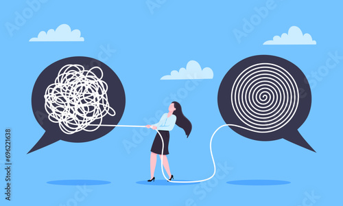 Unravel business chaos process with tangle difficult problem mess business concept vector illustration.