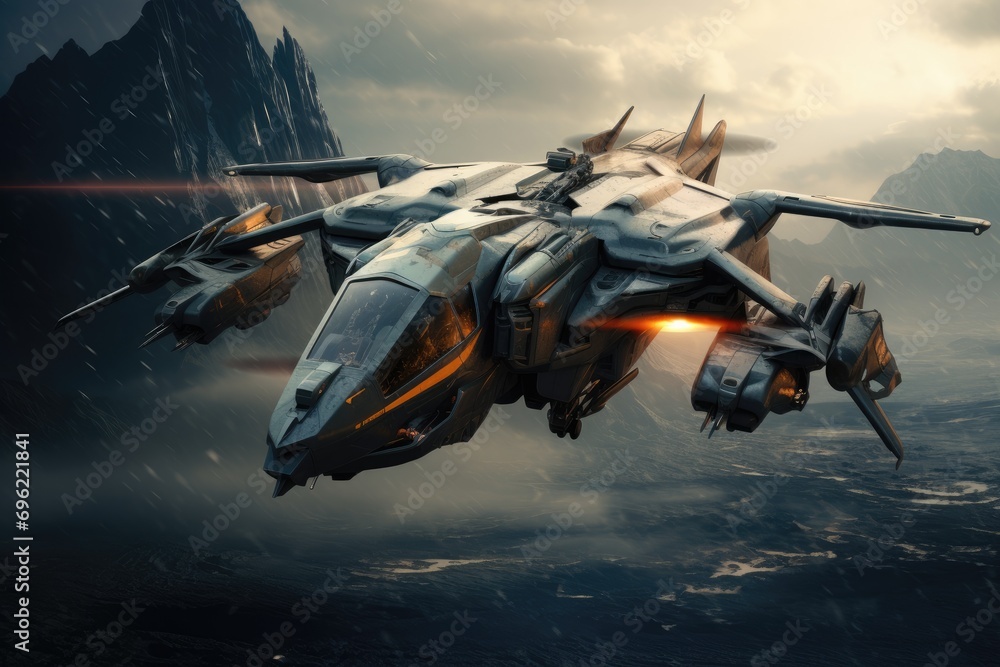 Futuristic helicopter flying over mountain and helicopter in firing Ai generated Futuristic helicopter flying over mountain and helicopter in firing Ai generated