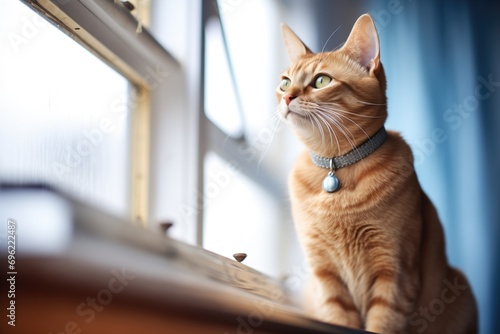 abyssinian cat perched in a light-filled attic window photo