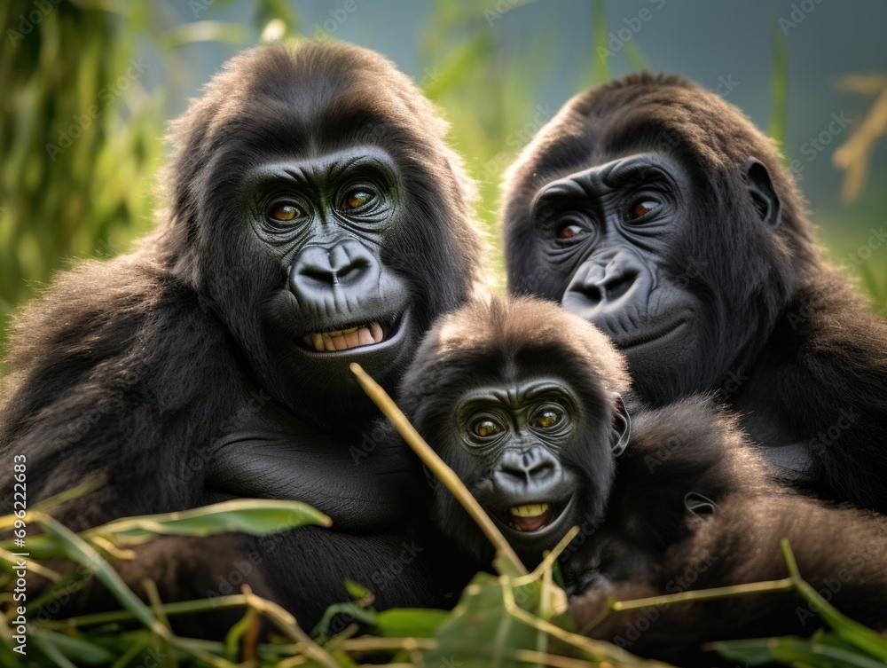 Obraz premium Three gorillas are sitting together in the grass. Generative AI.