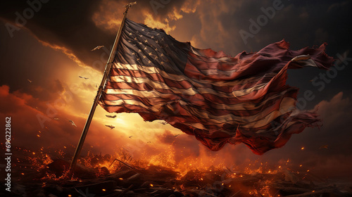 Print op canvas American Flag on fire