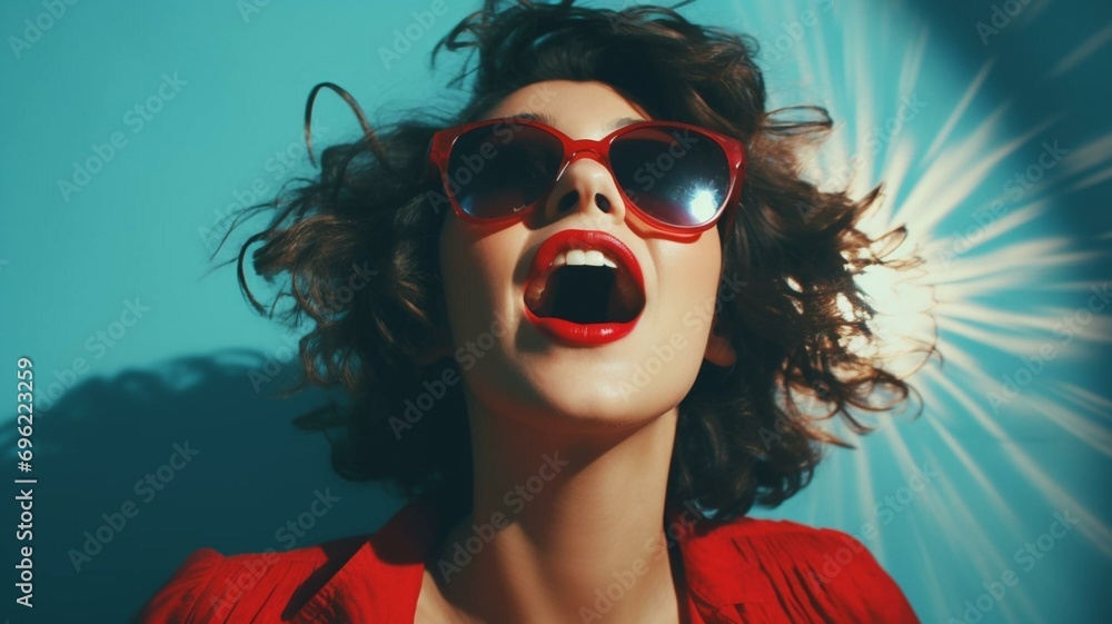 portrait of a woman with red sunglasses portrait of a woman with red sunglasses