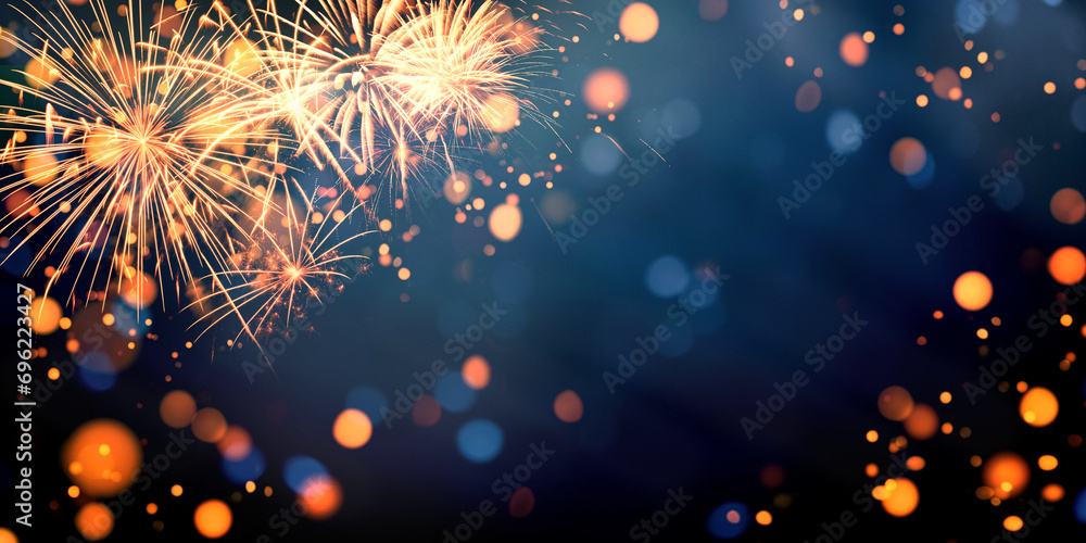 Obraz premium Gold and blue Fireworks and bokeh in New Year eve and copy space. Abstract background holiday.