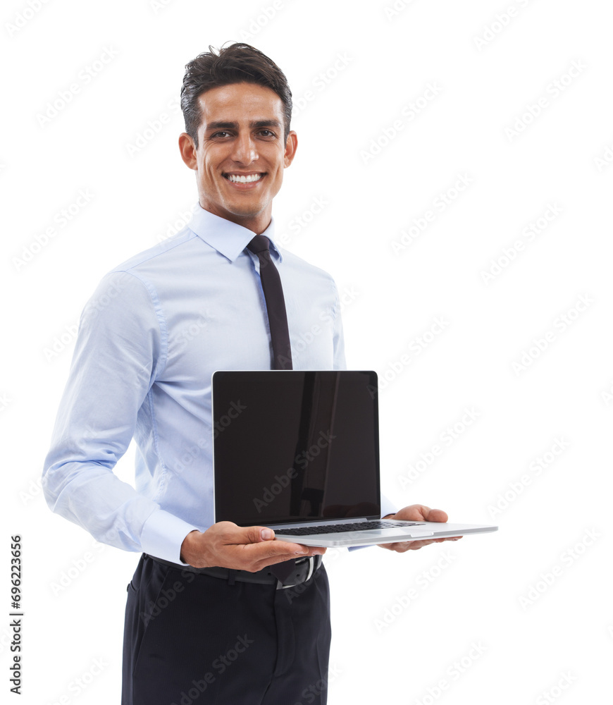 Portrait, business man and mockup on laptop screen in studio for deal, offer or sign up to newsletter on white background. Happy worker, computer or advertising space for announcement, launch or info Portrait, business man and mockup on laptop screen in studio for deal, offer or sign up to newsletter on white background. Happy worker, computer or advertising space for announcement, launch or info