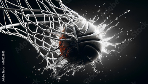 Closeup of a basketball hitting the net, creating a dynamic splash-like effect - Generative AI photo