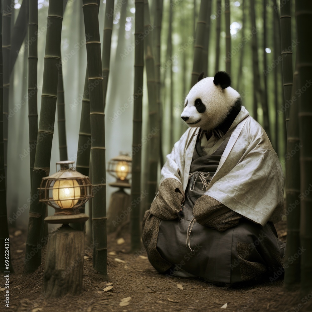 A panda bear sitting in the middle of a forest. Generative AI.