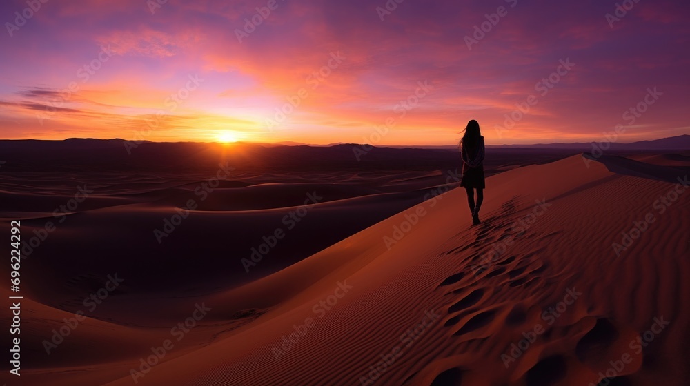 A person walking across a desert at sunset. Generative AI.