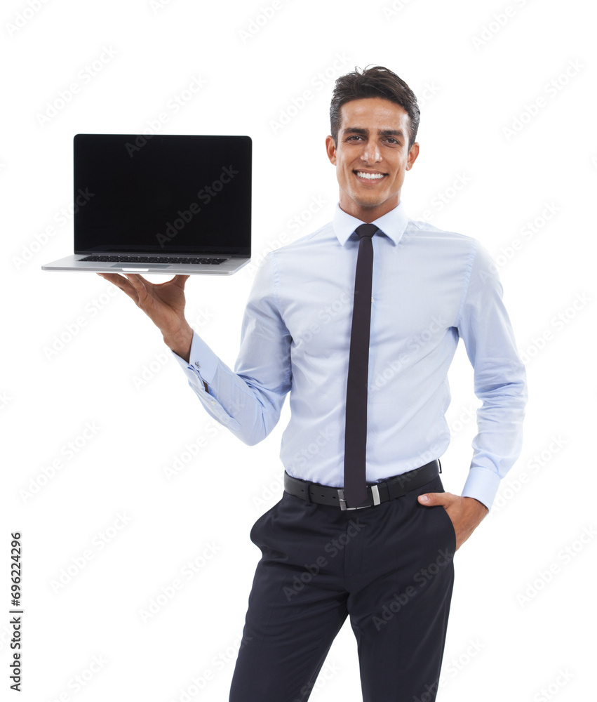 Portrait, business man and promotion on laptop screen in studio for deal, offer and sign up to newsletter on white background. Happy worker advertising information, mockup space or launch on computer Portrait, business man and promotion on laptop screen in studio for deal, offer and sign up to newsletter on white background. Happy worker advertising information, mockup space or launch on computer
