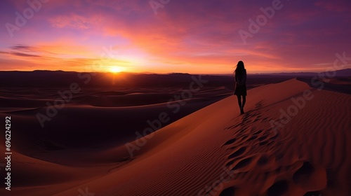 A person walking across a desert at sunset. Generative AI.