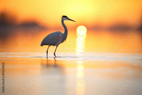 silhouette of heron in water at sunrise