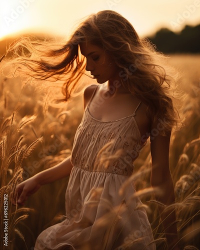 A woman in a dress is walking through a field of wheat. Generative AI.