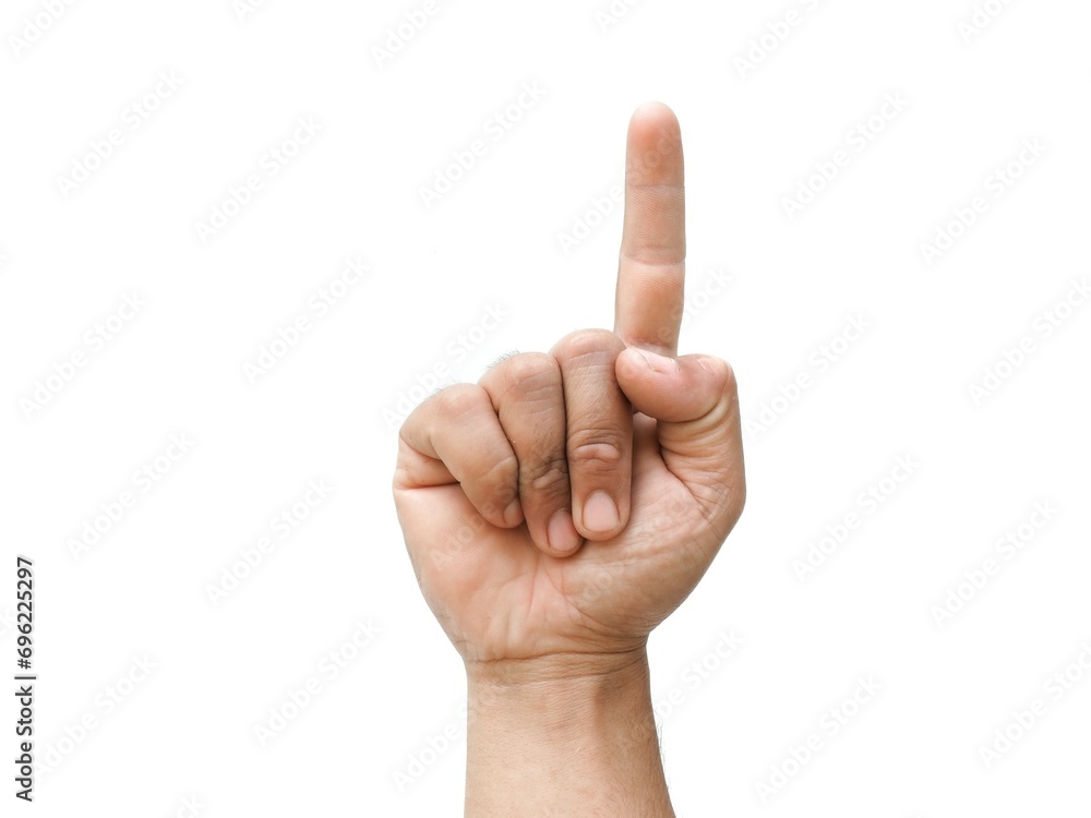 Male hand reaching up from below making a pointing gesture, isolated on white background. Male hand reaching up from below making a pointing gesture, isolated on white background.