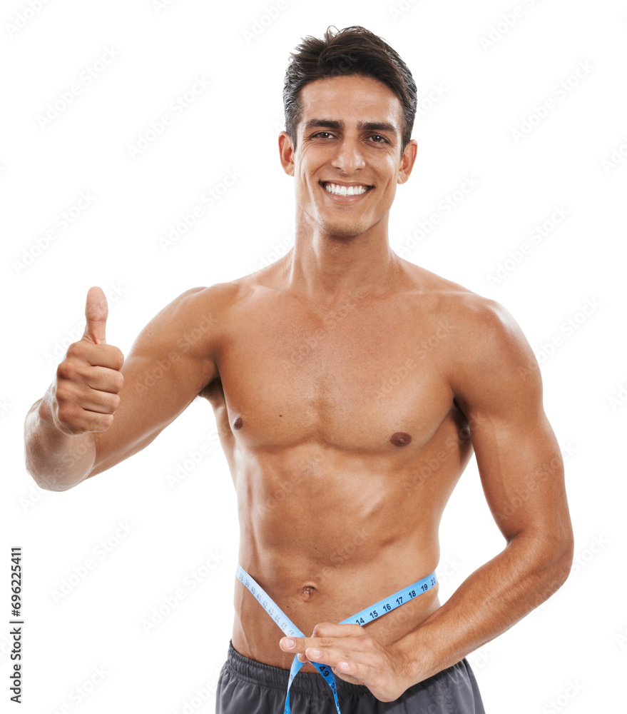 Man is shirtless, measuring tape and thumbs up, check weight progress for health and fitness isolated on white background. Smile in portrait, success or okay with body goal and muscle in studio Man is shirtless, measuring tape and thumbs up, check weight progress for health and fitness isolated on white background. Smile in portrait, success or okay with body goal and muscle in studio