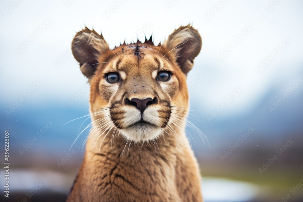 portrait of a puma with a snow-capped mountain behind