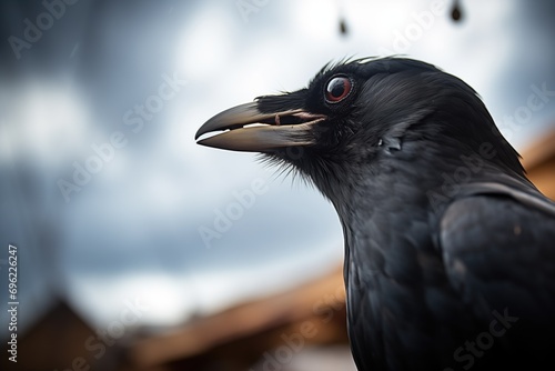 black raven against a backdrop of storm clouds