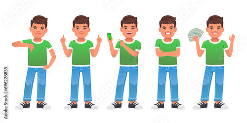 Schoolboy with Down syndrome stands with a dislike gesture, points to something, stands angry and dissatisfied, with cash