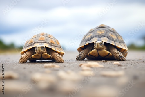 tortoise overtaking another on a sandy path photo