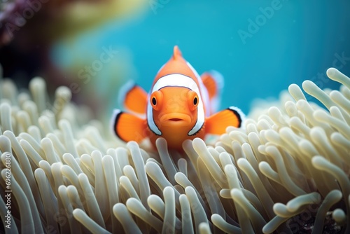 clownfish peeking from anemone in a coral reef