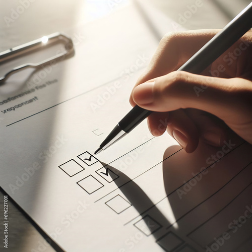 Filling a paper form and checking checkbox concept, closeup of a pen, gibberish blurred text photo