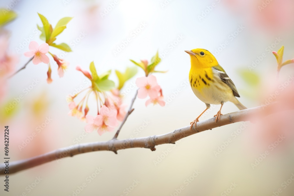 warbler singing atop a flowering dogwood