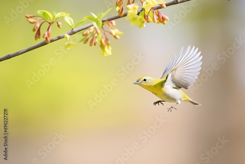 warbler in mid-flight by flowering dogwood