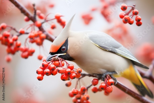 waxwing tugging on ripe cluster of mountain ash berries photo
