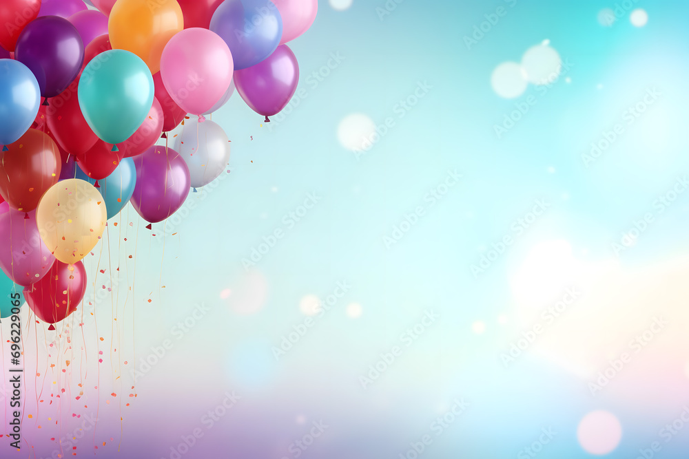birthday party balloons, colourful balloons background and birthday cake with candles
