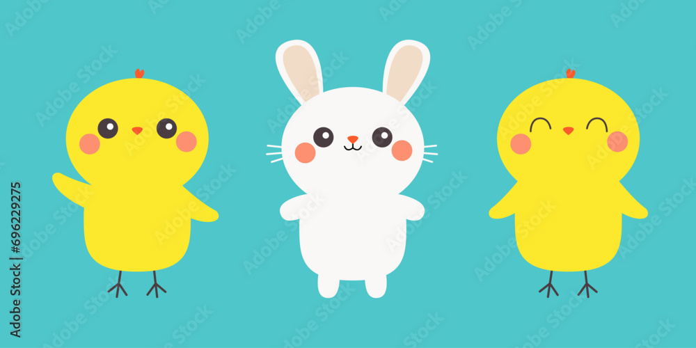 Naklejka premium Chicken bird, bunny set line banner. White rabbit chick head. Egg shape. Happy Easter. Cute cartoon kawaii baby character. Funny face with pink cheeks. Farm animal. Blue background. Flat design